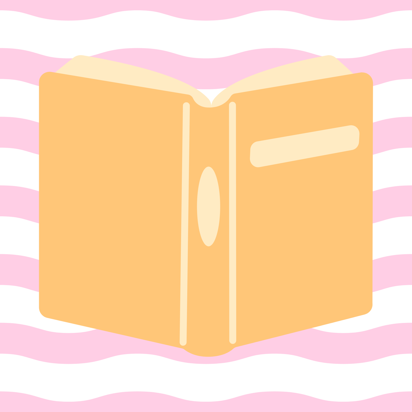 Orange and cream book cover open away from the viewer, on a pink and white wave background